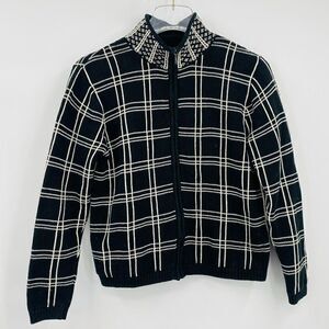 Talbots Petite SP Black White Window Pane Plaid Long Sleeve Zip Jacket